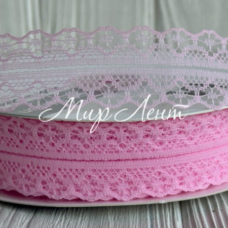Кружево органзовое (D30328), 3 см, розовое, рулон 45 м