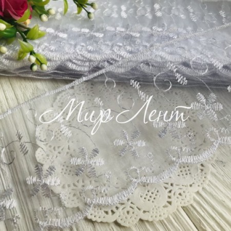 Кружево органзовое Беатрис, 8 см, белое, рулон 13,5 м