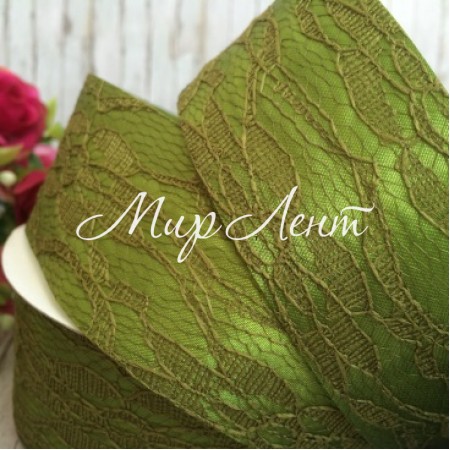 Атлас 4 см, кружево, оливковый, рулон 17,5 м