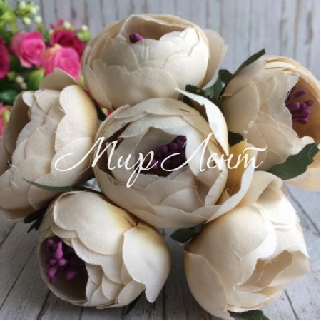 Півонії тканинні на гілочці, 4 см, молочно-кавові, упаковка 30 шт.