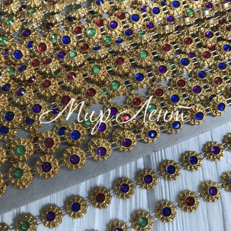 Лента-бусинка со стразами (№ 7643), золото, 10 мм, моток 9 м