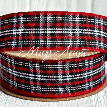 Лента шотландка, 2,5 см, красно-бело-черная, рулон 18,5 м