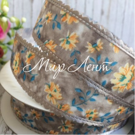 Лента тканевая с кружевным краем (цветы), 2,5 см, серый, рулон 17,5 м 