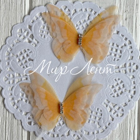 Шифоновая бабочка трехслойная со стразами (хамелеон), 6х5,5 см, темно-желтая, упаковка 25 шт.