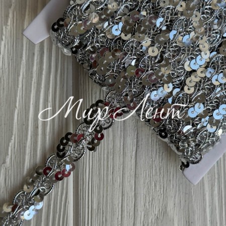 Тесьма с паетками (D30292), 1,7 см, серебро, рулон 13 м