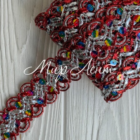 Тесьма с паетками (D30290), 3,8 см, красная с серебром, рулон 13 м