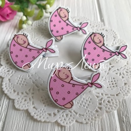 Прищепка-декор, 4х3,2 см, ребеночек в пеленке (розовый), упаковка 12 шт.