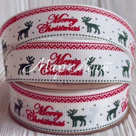 Репс 2,5 см, Merry Christmas (олень), молочный с красно-зеленым, рулон 23 м