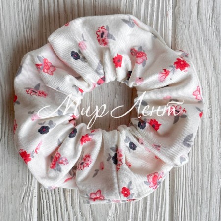Скранч турецкий трикотаж, 12 см, белый с малиновыми цветами, шт.