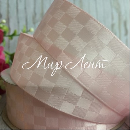 Атлас шахматка, 2,5 см, светло-розовый, рулон 23 м
