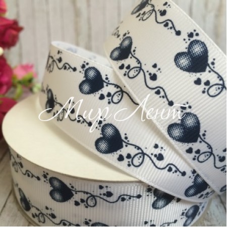 Репс 2,5 см, узор из сердечек, темно-синий, рулон 23 м