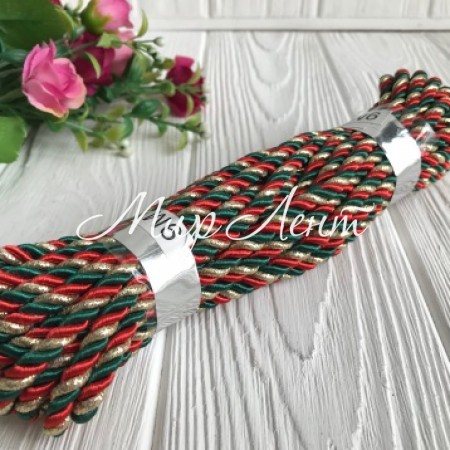 Шнур декоративный, 5 мм, красно-зелено-золотой, рулон 9 м