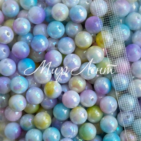 Бусина акриловая (перламутр) омбре, 10 мм, желто-розово-сиреневый пастельный микс, упаковка 500 г