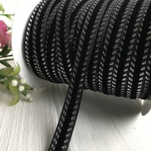 Лента велюр кантовый узор, 1 см, черный с серебром, рулон 45 м
