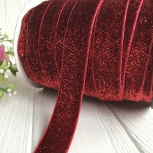 Лента велюр с люрексом, 2,5 см, красный, рулон 45 м