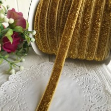 Лента велюр с люрексом, 1 cм, темное золото, рулон 45 м