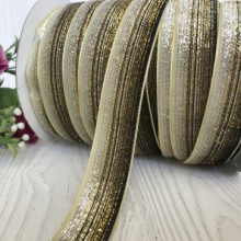 Лента велюр омбре с люрексом, 2,5 см, светлое золото, рулон 45 м