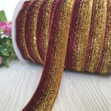 Лента велюр омбре с люрексом, 2,5 см, бордово-золотой, рулон 45 м