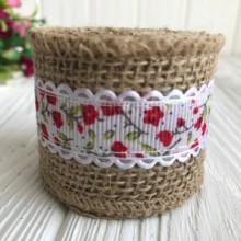 Лента мешковина с лентой-розочкой, 5 см, красный, рулон 2 ярда