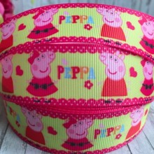 Репс 2,5 см, свинка Пеппа, лимонный с малиновым кружевным краем, рулон 23 м
