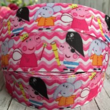 Репс 2,5 см, свинка Пеппа и Джордж пират, бело-ярко-розовая волна, рулон 23 м