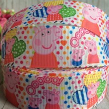 Репс 2,5 см, свинка Пеппа, белый с разноцветным горохом, рулон 23 м