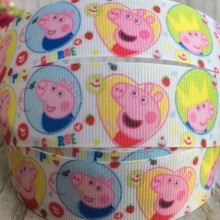 Репс 2,5 см, свинка Пеппа и Джордж в коронах, белый, рулон 23 м