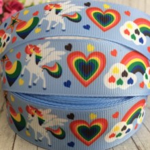 Репс 2,5 см, единорог и радуга, насыщенно-голубой, рулон 23 м