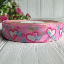 Репс 1,5 см, малиновые сердечки на розовом, рулон 23 м