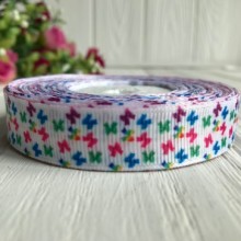 Репс 1,5 см, разноцветные бабочки на белом, рулон 23 м