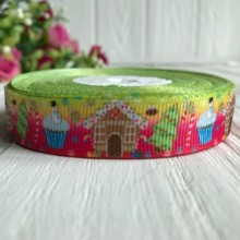 Репс 1,5 см, капкейк-домик-елочка на салатово-малиновом, рулон 23 м