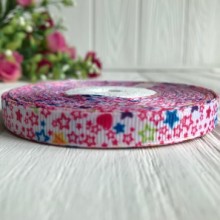 Репс 1 см, разноцветные звезды на белом, рулон 23 м