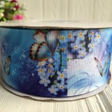 Репс 4 см, синие бабочки с цветами на синем, рулон 23 м