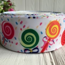 Репс 4 см, разноцветные леденцы на белом, рулон 23 м