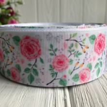 Репс 4 см, розовые розочки с веточками на белом, рулон 23 м