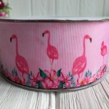 Репс 4 см, фламинго на розовом, рулон 23 м