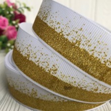 Репс 2,5 см, глиттерная розсыпь, белый с золотом, рулон 23 м