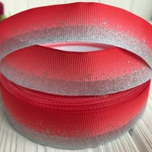 Репс 2,5 см, глиттерная розсыпь, красный с серебром, рулон 23 м