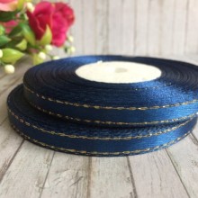 Атлас 0,6 см люрекс золото, сапфировый, рулон 33 м