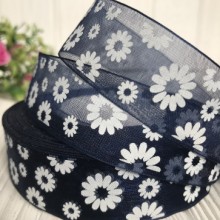 Органза 2,5 см, ромашка, сапфировый, рулон 45 м