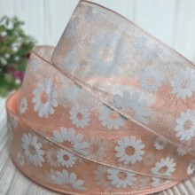 Органза 2,5 см, ромашка, персиковый, рулон 45 м