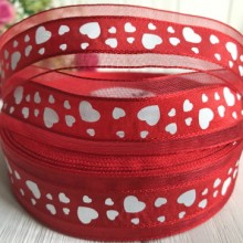 Органза с сердечками, 2,5 см, красный с белыми сердцами, рулон 45 м