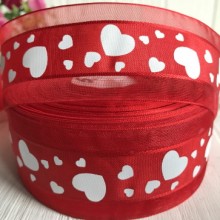 Органза с сердечками, 4 см, красный с белыми сердцами, рулон 45 м