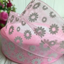 Органза 2,5 см, ромашка, светло-розовая, рулон 45 м