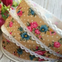 Лента с кружевным краем (горох и розы), 2,5 см, кофейный, рулон 17,5 м 