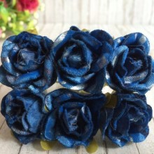 Роза тканевая с блеском, 2,5 см, синий с серебром, упаковка 48 шт.