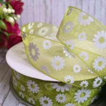 Органза 2,5 см, ромашка, оливковый, рулон 45 м