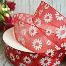 Органза 2,5 см, ромашка, красная, рулон 45 м