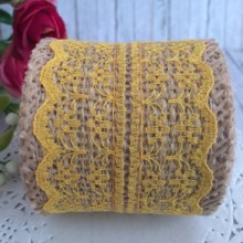 Лента-мешковина с кружевом цветочком, 5 см, темно-желтый, 2 ярда