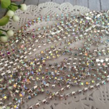 Стразовая цепочка, SS-10, перламутровые камни на серебре, отрезок 10 м